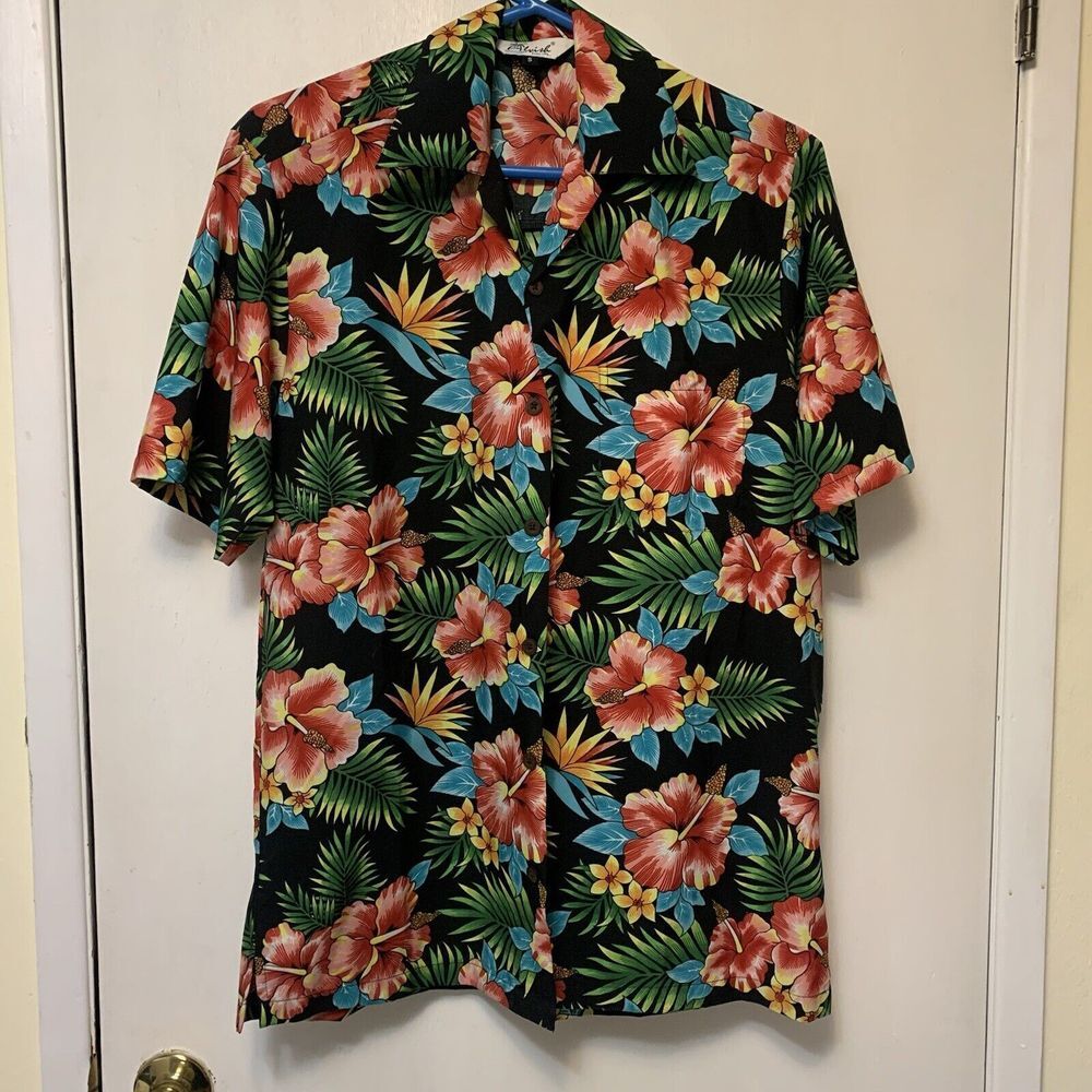 Alvish Men's Hawaiian Red Hibiscus Flower Button Down Shirt  Size S Enjoy Life